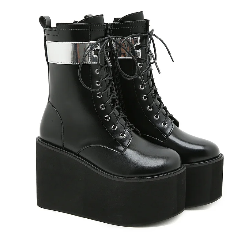 

Womens Platform Ankle Boots Wedge Super High Heel Metal Sheet Shoes Punk Lace Up Motorcycle Plus Size New 2021