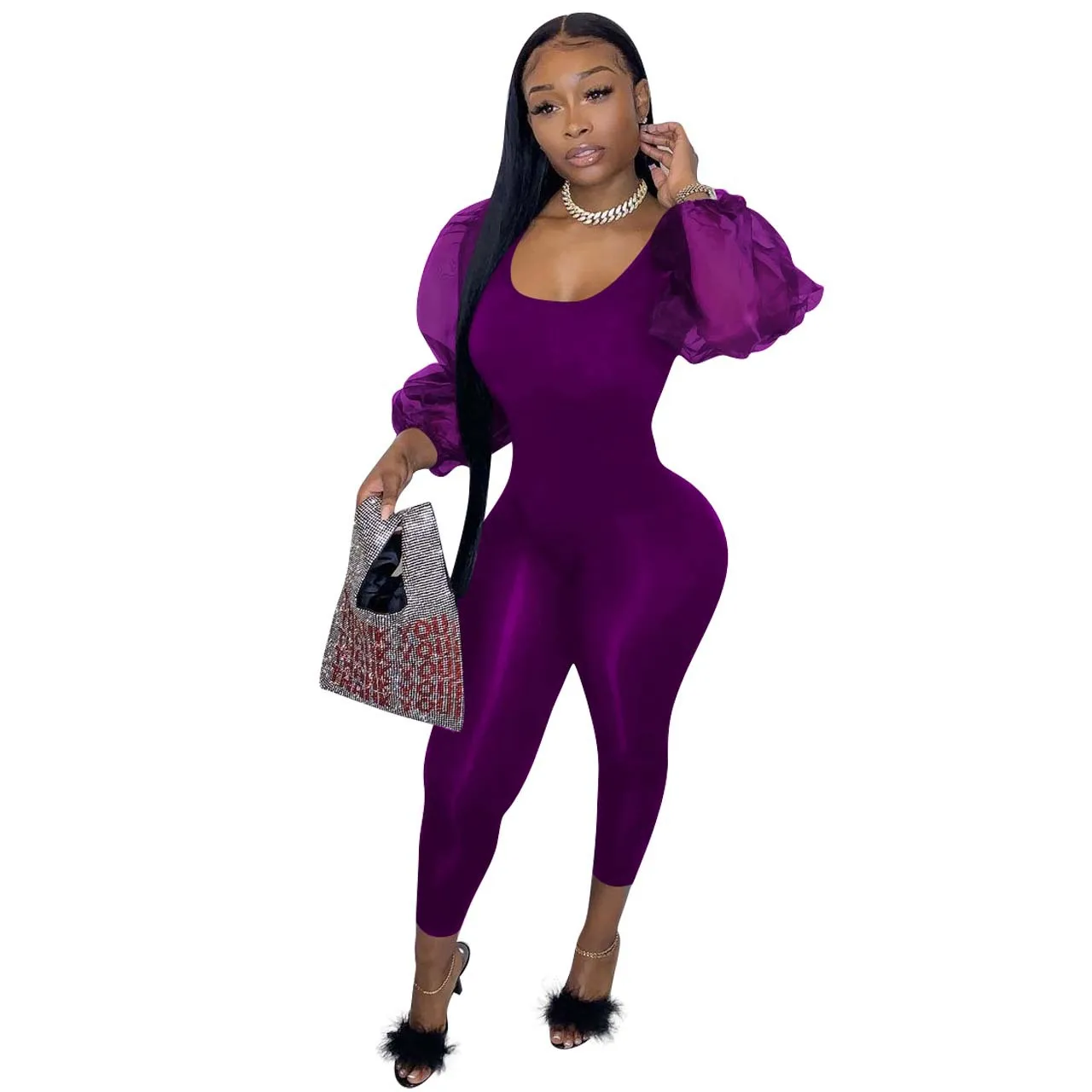 

Solid Color Sheer Mesh Puff Sleeve High Waist Skinny One Piece Sexy Rompers Women Pants Suits Set Jumpsuits Outfits Fall 2022