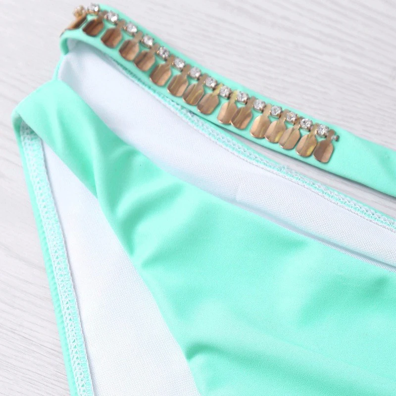 Бикини женский купальник сексуальный зеленый с лямкой через шею пуш ап микро