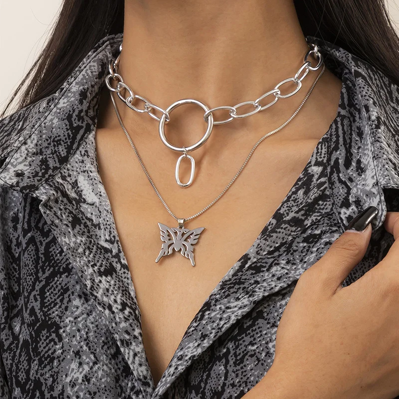 

Hip-hop cool ring thick chain necklace women street style cold wind butterfly pendant necklace women stainless steel jewelry