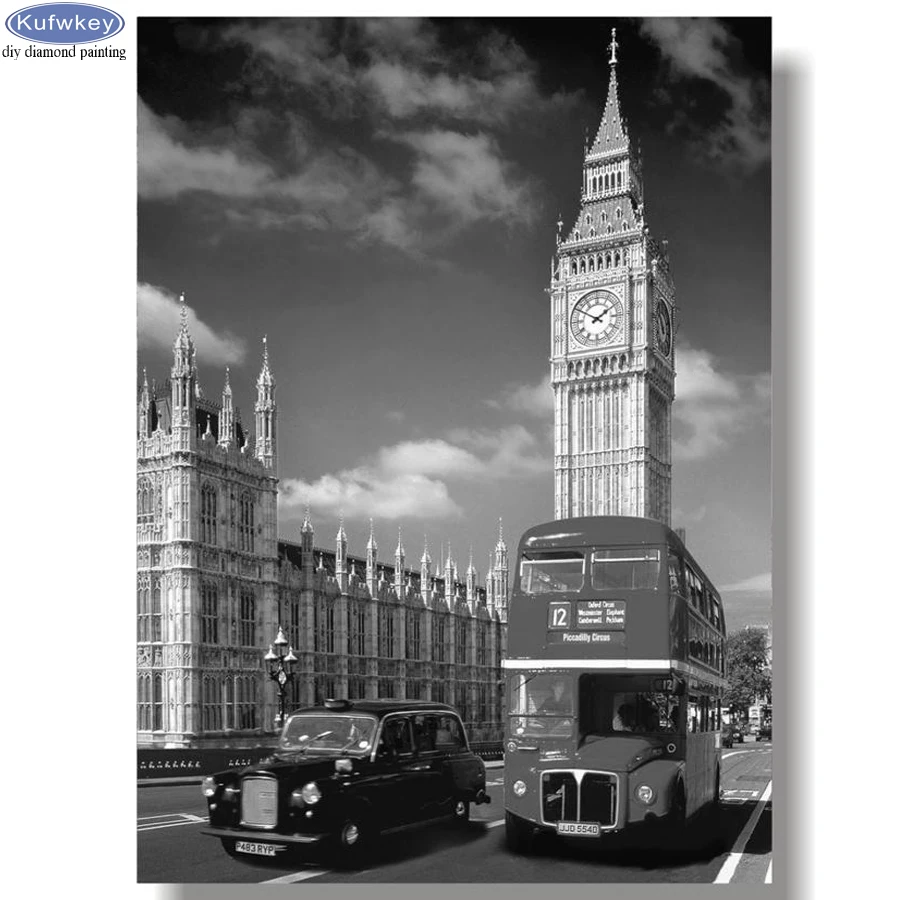 Алмазная вышивка сделай сам картина Биг Бен уличный автобус и башня Лондона