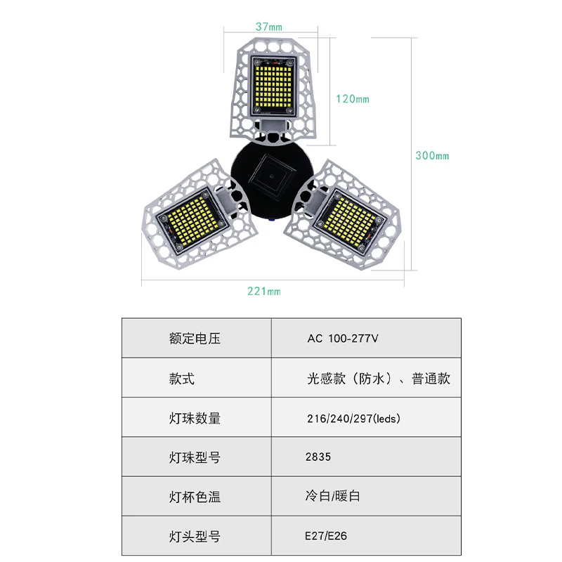 

LED Garage Light 360 Degree Deformable Ceiling Light Three-Leaf Deformation Lamp