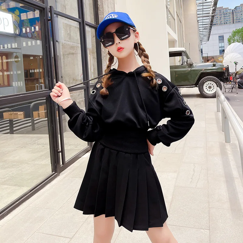 

Girls Hooded Sports Skirt Suit 2021 Children's School Casual Long-sleeved Sweater + Cotton High-waist Pleated Skirt Girls set