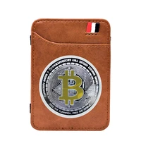 vintage classic bitcoin theme magic wallet leather men women mini thin money clips credit card holder purse