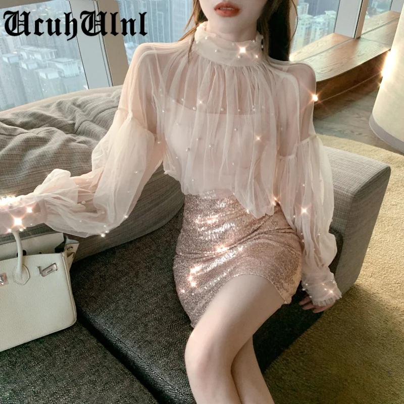 

Spring Beading Mesh Blouses Women Sweet Lantern Sleeve Pearls Gauze Blouses Ladies Elegant Shirt Tops Stand Collar Chiffon