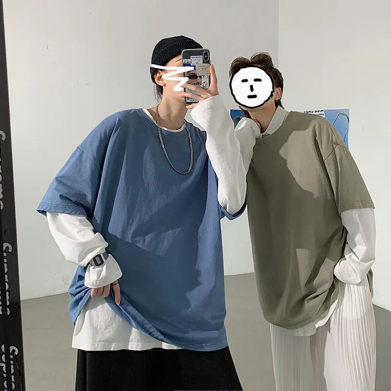 

Solid Fake Two-Piece Loose Bottoming T Shirt Spring Korean Patchwork Joker Long Sleeve Harajuku Clothes Male Youth Streetwear
