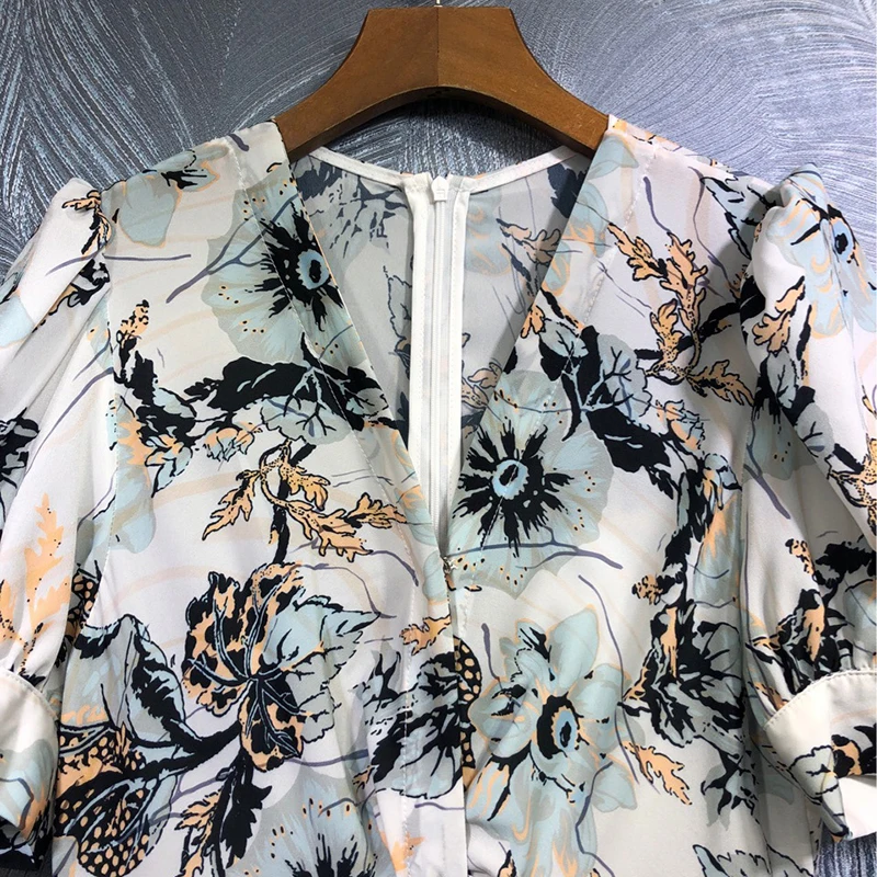 

AELESEEN Runway Fashion Women Dress 2020 High Quality Summer Dress V-Neck Flower Print Elegant Party Holiday Midi Dress Vestidos