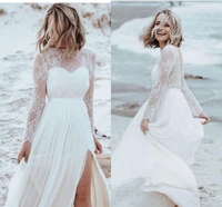 beach lace chiffon wedding dresses 2022 boho long sleeve side slit backless bride gowns bohemian a line vestido de novia