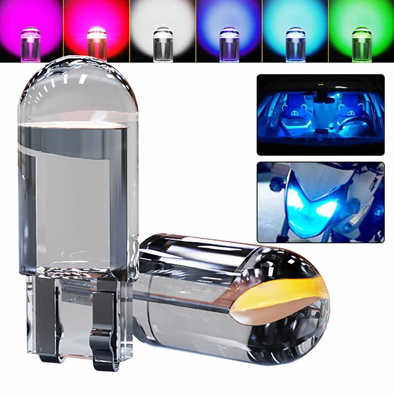 

2 Pcs 12V W5W 194 T10 Glass Housing COB LED Car bulb 6500K White Green Blue Red Wedge License Plate Lamp Dome Light White Diedo