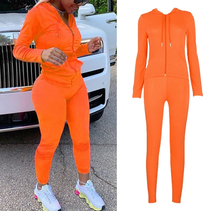 

Women 2 Pcs Outfits Long Sleeve Zipper Hoodies Jacket Sweatshirt Skinny Leggings Pants Set Solid Color Sports Tracksuit
