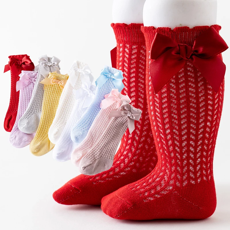 Calcetines de algod&oacute;n de estilo espa&ntilde;ol para ni&ntilde;os y ni&ntilde;as, medias largas hasta la rodilla, caladas, suaves-0