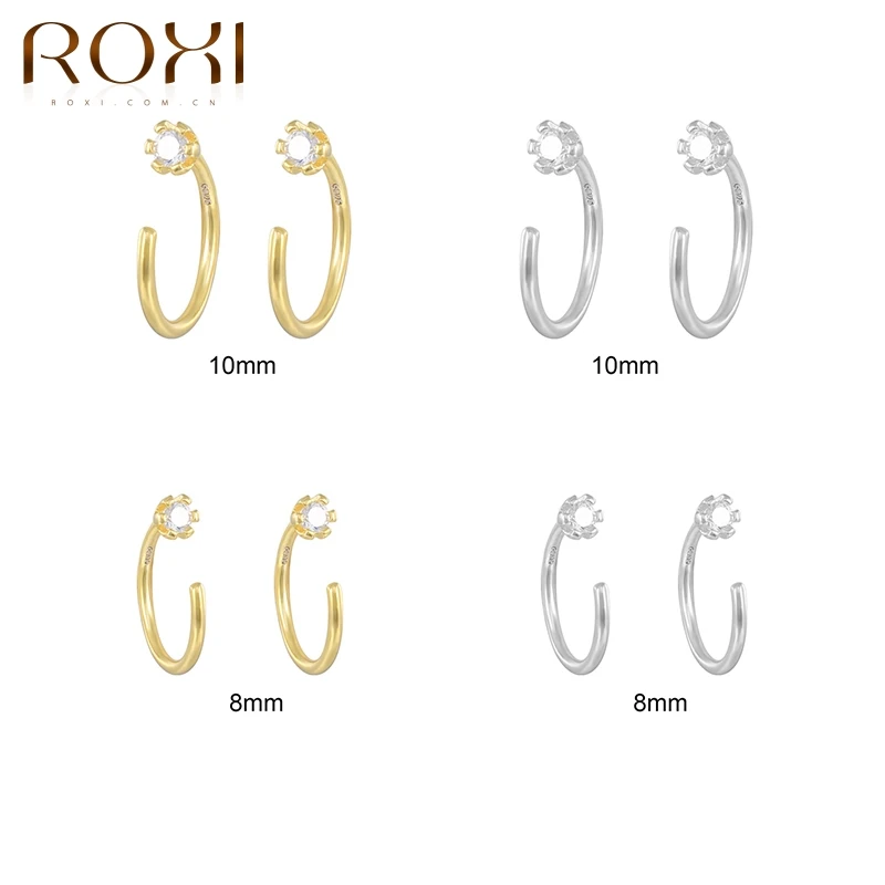 

ROXI 8Mm/10Mm C-Shaped Earrings For Women 925 Sterling Silver Back Wear Puncture Small CZ Stud Earrings Fine Jewelry Pendientes