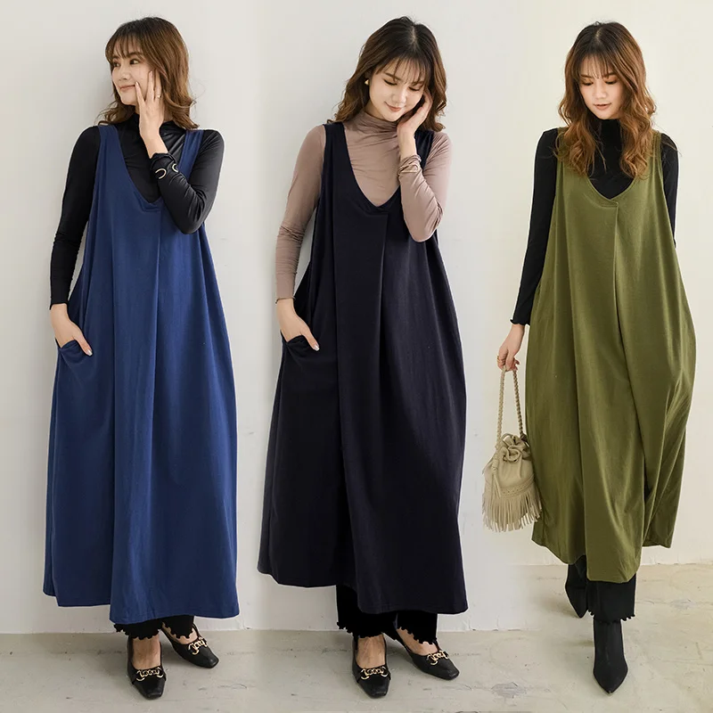 

French Retro Artistic Pleated Casual Dress for Women Spring and Autumn Long Slimming Loose A- line Sleeveless Long Jumper Dress