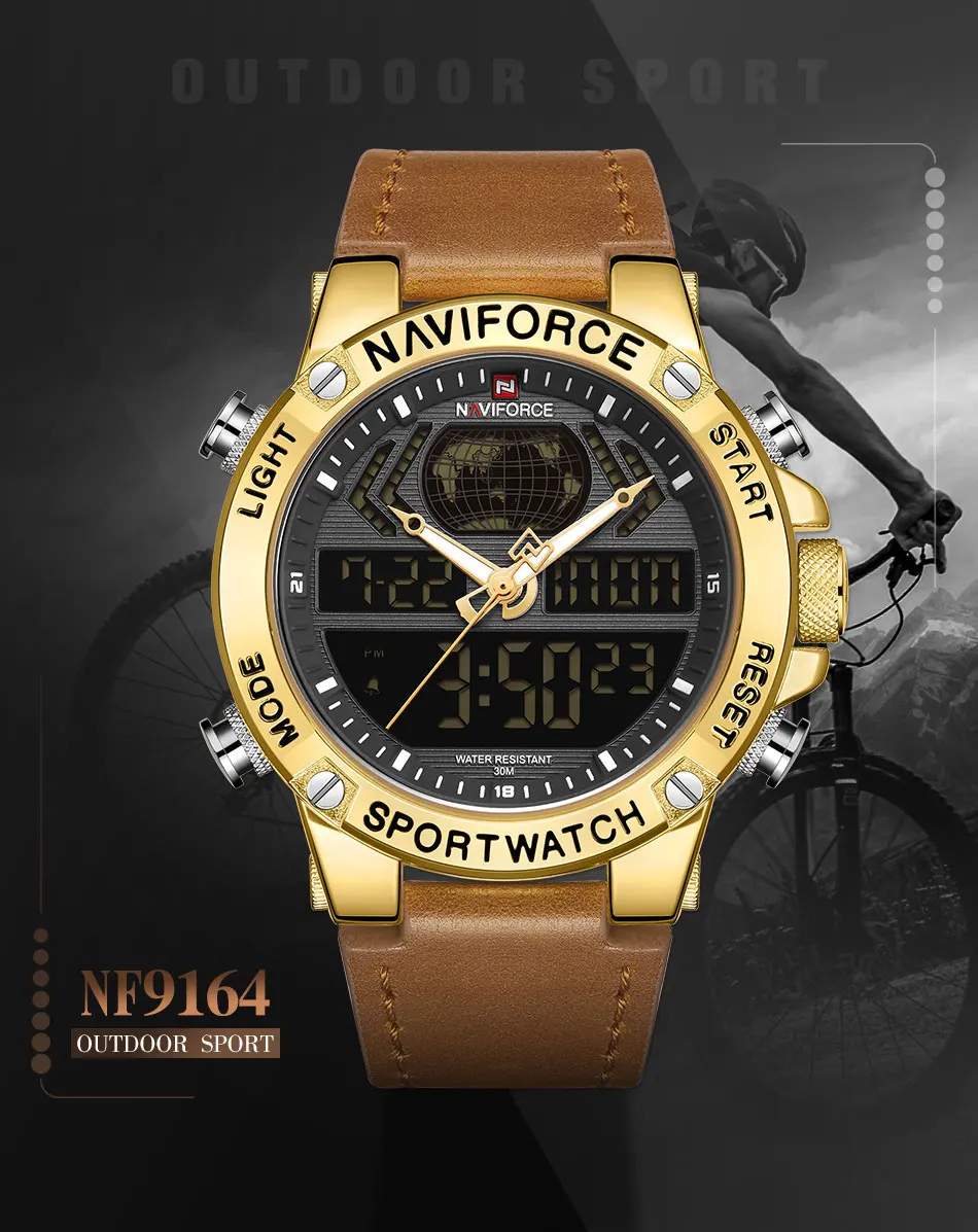 NAVIFORCE, роскошные золотые мужские часы, спортивные, светодиодный, цифровые, кварцевые часы, военные, кожа, водонепроницаемые часы для мужчин, Relogio Masculino