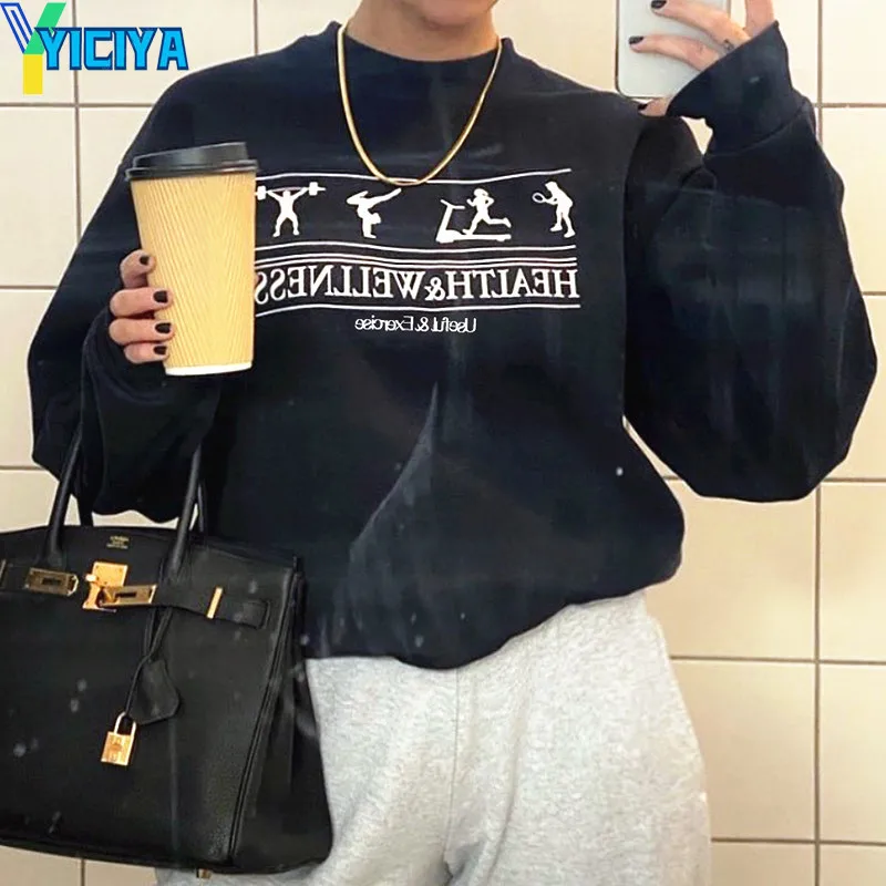

2022 Spring Sport Lover's Sweatshirt Black Long Sleeve Women Printed Pullover Oversized Sweater Round Neck Ins Fashion Hoodies