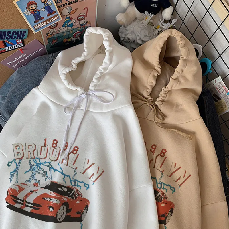 

Retro Brooklyn car letter printed sweater spring Nice plus size men's and women's hoodie American loose retro letter hoodie