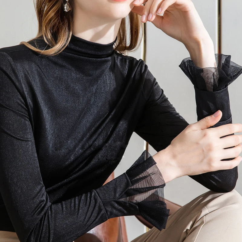 

Half-High Collar Bottoming Shirt Women's Autumn/Winter New Style Long-Sleeved T-Shirt Trumpet Sleeve Elegant Shirt Silky Top