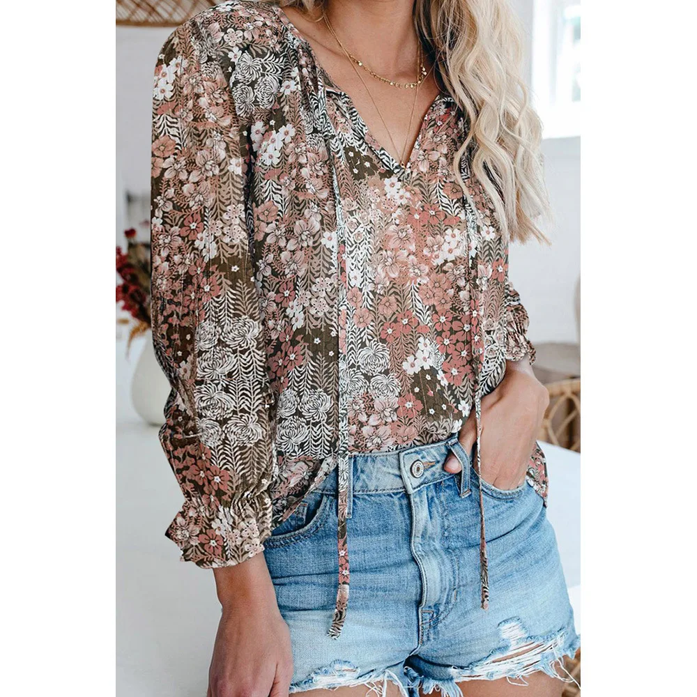 

Bohemian long-sleeved Chiffon with loose v-neck, sexy top flower shirt women Tie flowers Regular Polyester