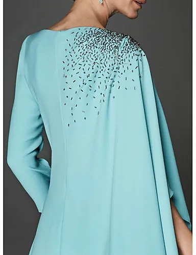 

Turquoise Mother Of The Bride Dresses Sheath 3/4 Sleeves Knee Length Beaded Plus Size Short Groom Mother Dresses For Weddings