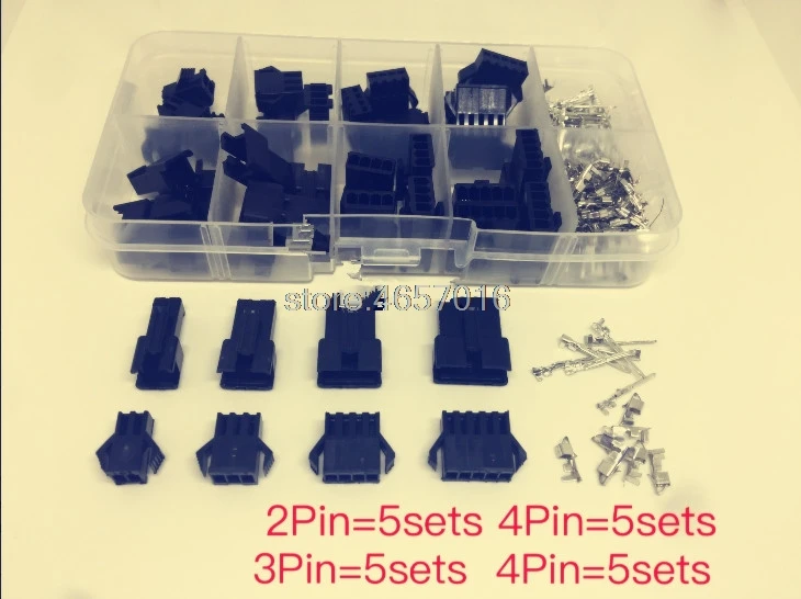 

SM2.54 Kits 20 sets Kit in box 2p 3p 4p 5p 2.54mm Pitch Female and Male Header Connectors Adaptor
