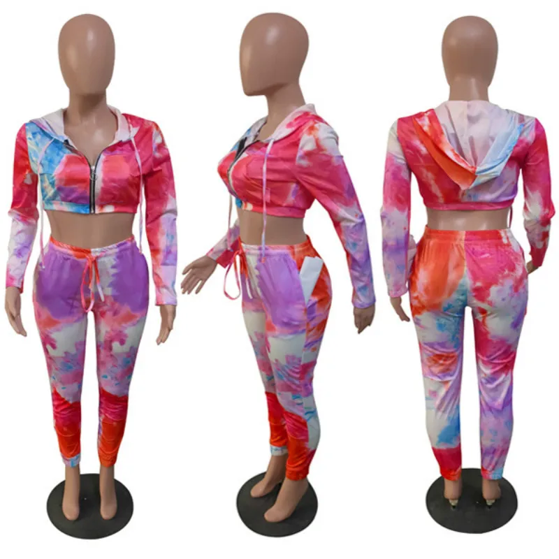 

HAOOHU Active Wear Tie Dye Print Women's Set Hooded Zipper Sweatshirts Jogger Pants Suit Tracksuit Two Piece Set Fitness Outfit