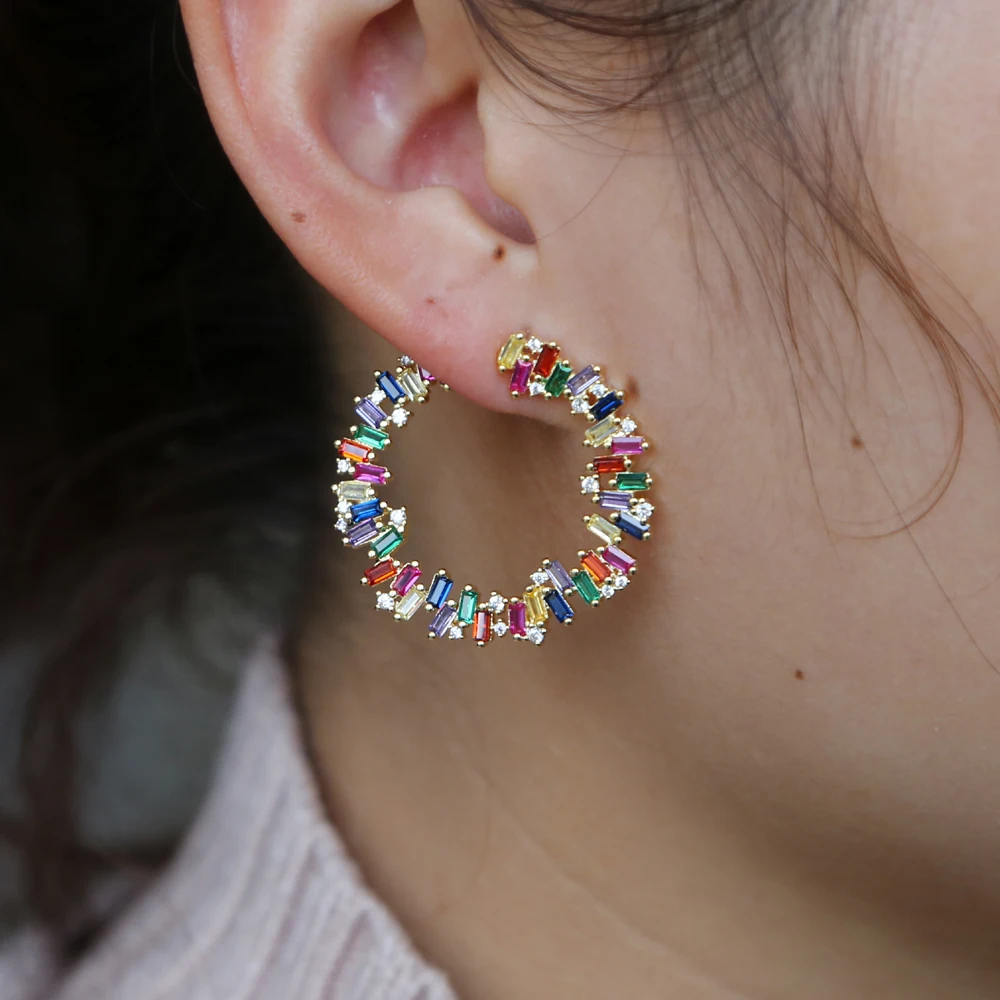 Милые радужные серьги кольца цветок Красочные Багет бар кубический циркон