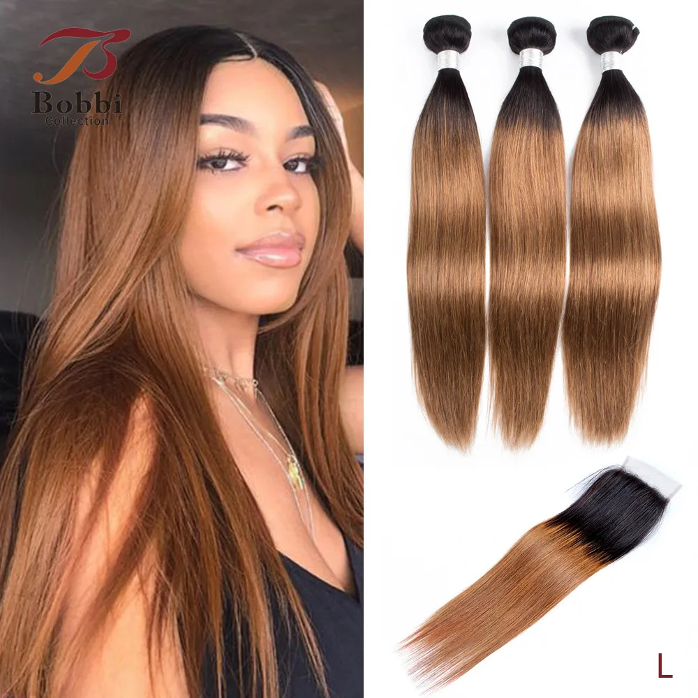 Коллекция BOBBI 3/4 пряди с кружевной застежкой T 1B 30 Коричневые Бразильские прямые
