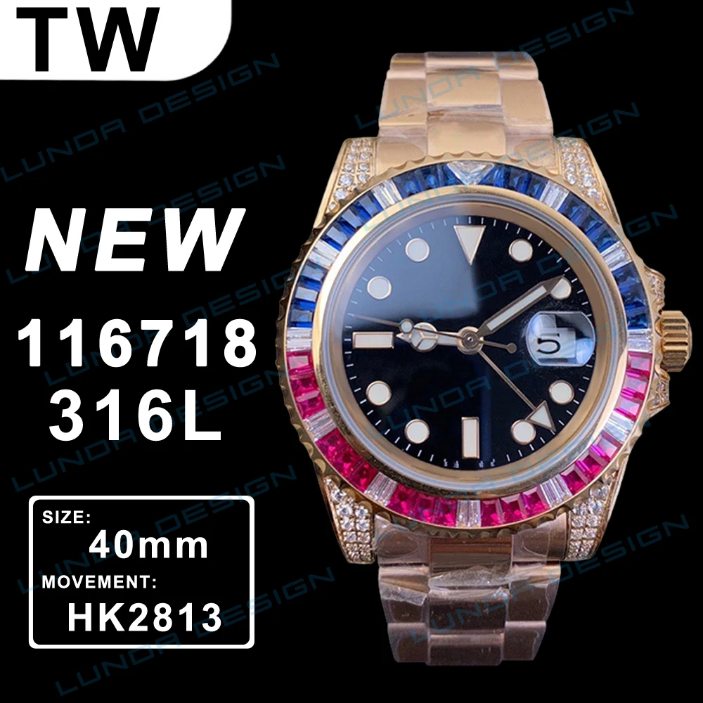 

Good Quality Wristwatch 40mm GMT 116710 116713 116718 red blue Diamond Gem Beze Asia 2813 Mechanical Automatic Men's Watch