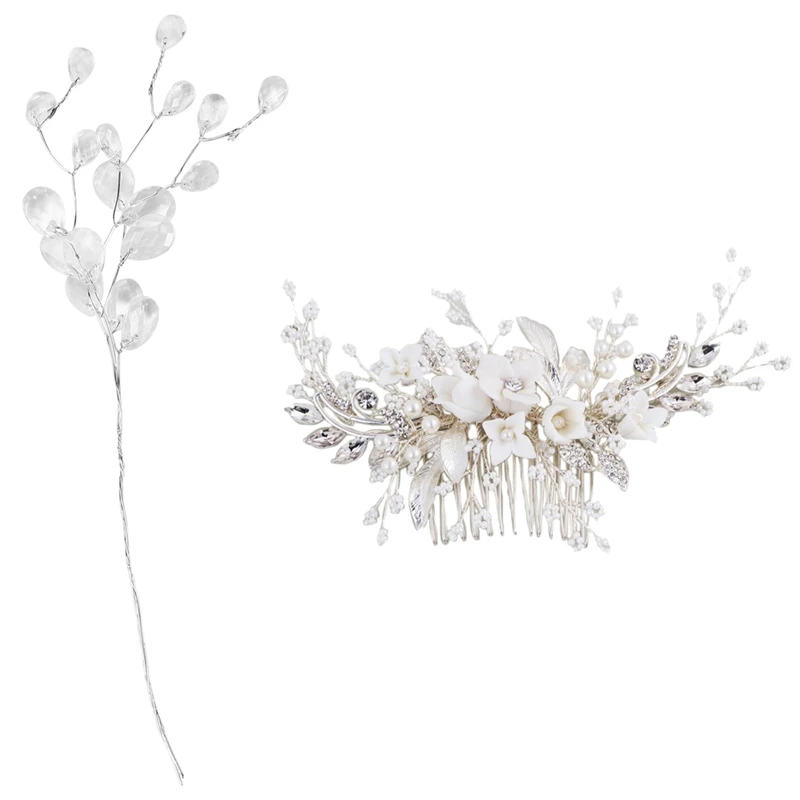 

10Pcs Crystal Bud Branches Artificial Flower Twigs & 1 Pcs Stunning Floral Headpiece Bridal Silver Hair Comb