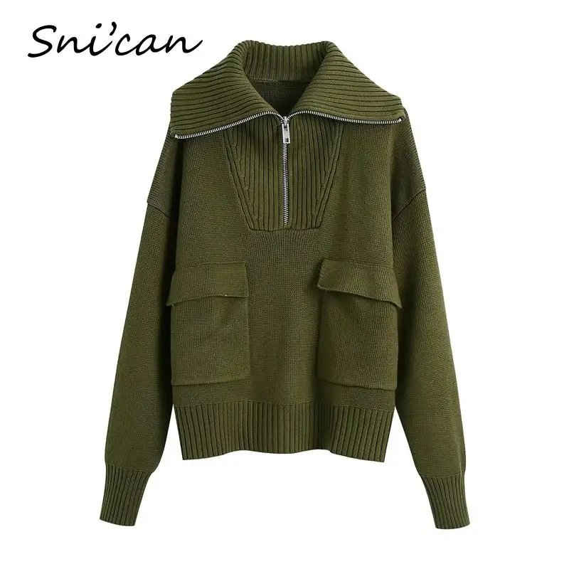 Женский трикотажный свитер с отложным воротником на молнии | Женская одежда