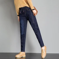 2022 plush jeans womens new winter korean elastic waist pants large loose small foot high waist harlan pants