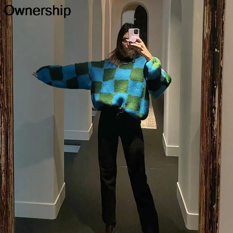

Y2K Women Winter Plaid Sweater Autumn Korean Style Loose Casual Long Sleeve Knitted Pullover Oversized Midi Sweater Out Wear