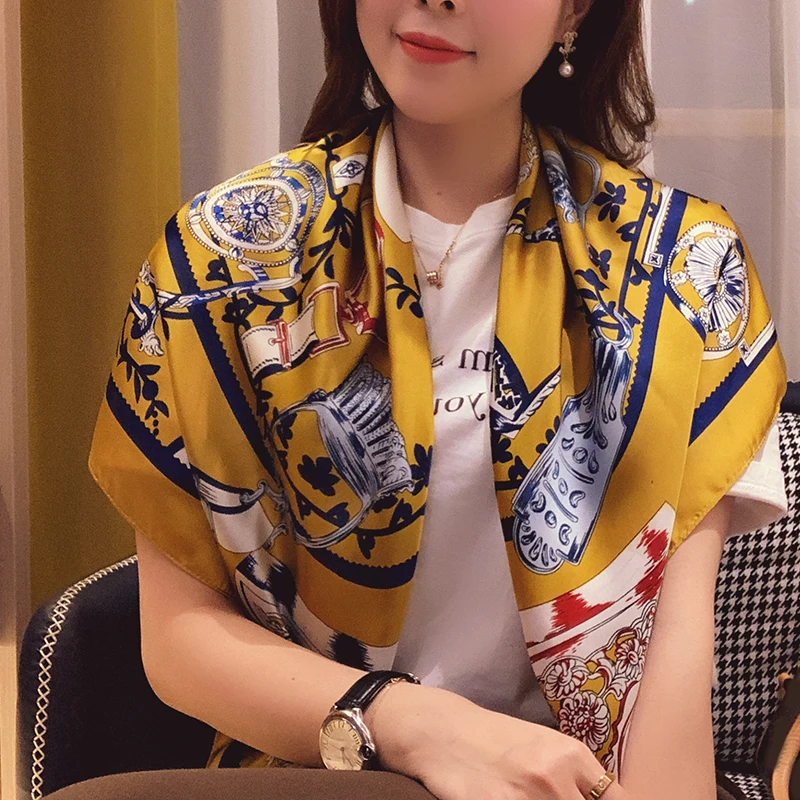 

2021 Stripe Print Shawl Ponchos and Capes Summer Fashion Sunscreen Satin Scarf Popular 90X90CM Neckerchief Silk Hankies Scarves