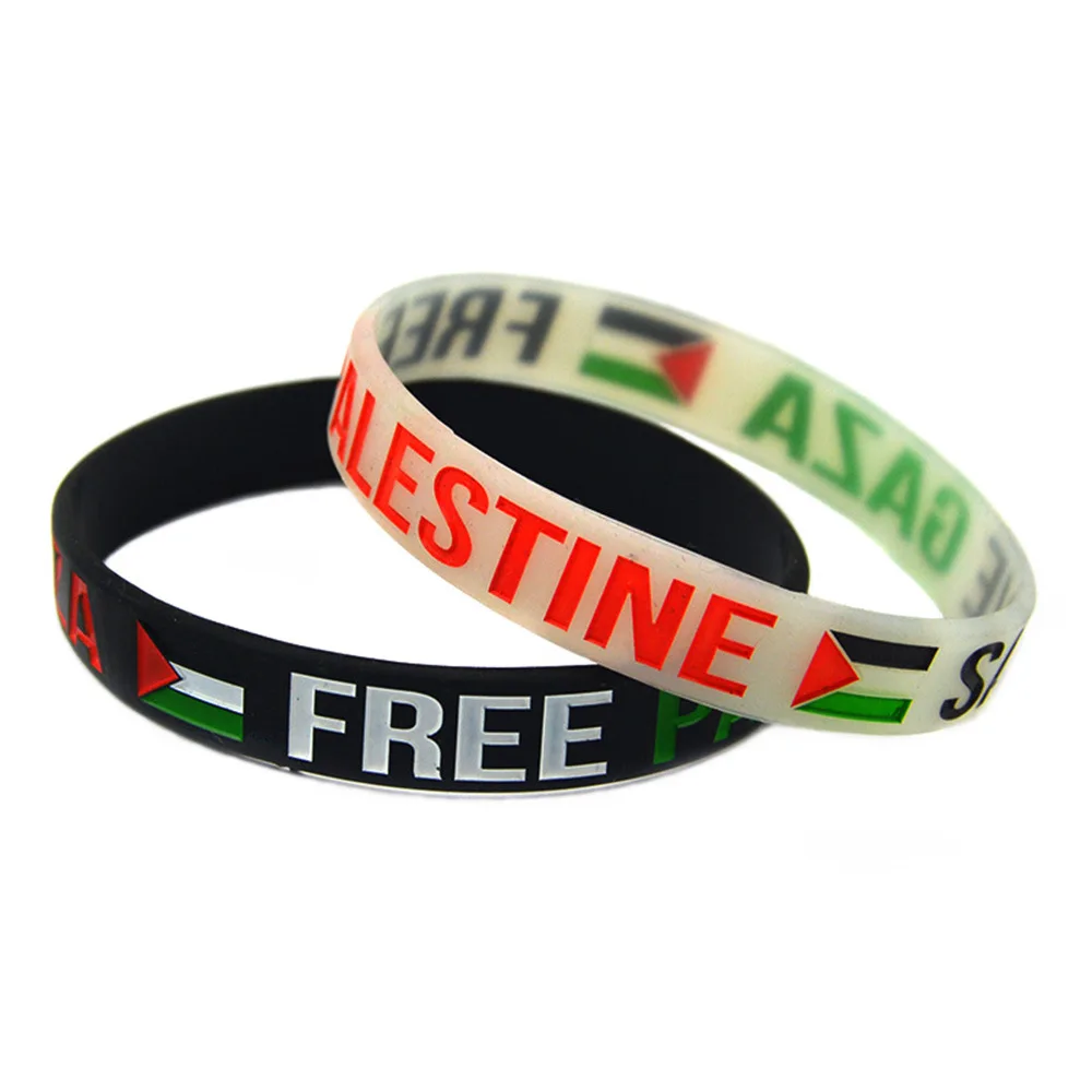 

Silicone Bracelet Inspirational Wrist Band Save Gaza Free PALESTINE With Flag Silicone Rubber Bracelet Black and White