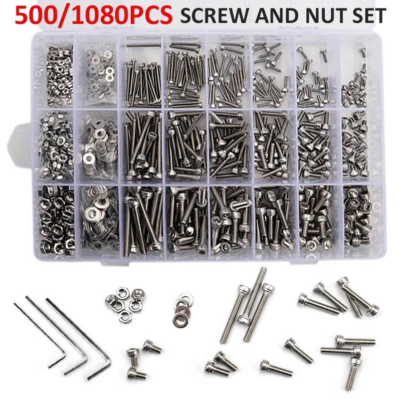 500/1080 Pcs High Quality M2 M3 M4 Stainless Steel Hex Socket Screws Electronics Nut Assortment Set Washers for Home Tool Kit