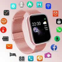 2021 pink steel bracelet smart watch women men ladies smartwatch android ios wrist watch fitness tracker smart clock smart watch