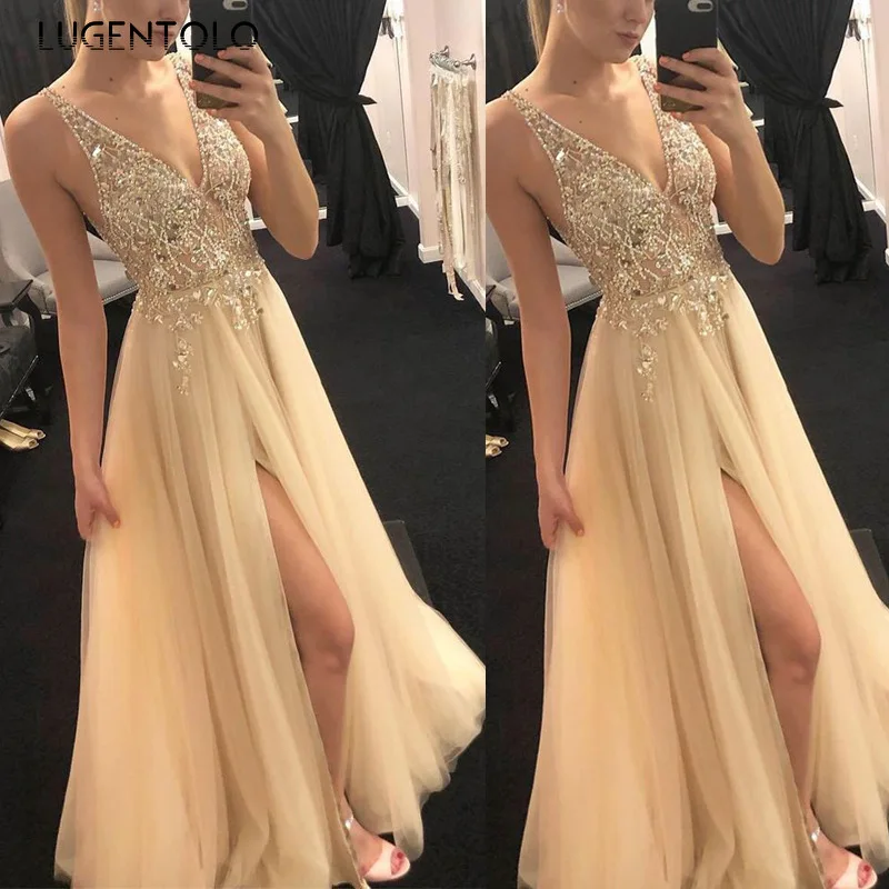 

Lugentolo Party Dress Women Sexy Slim V-neck Sequin Dresses Sleeveless Solid Hem Slit Big Swing Maxi Dress