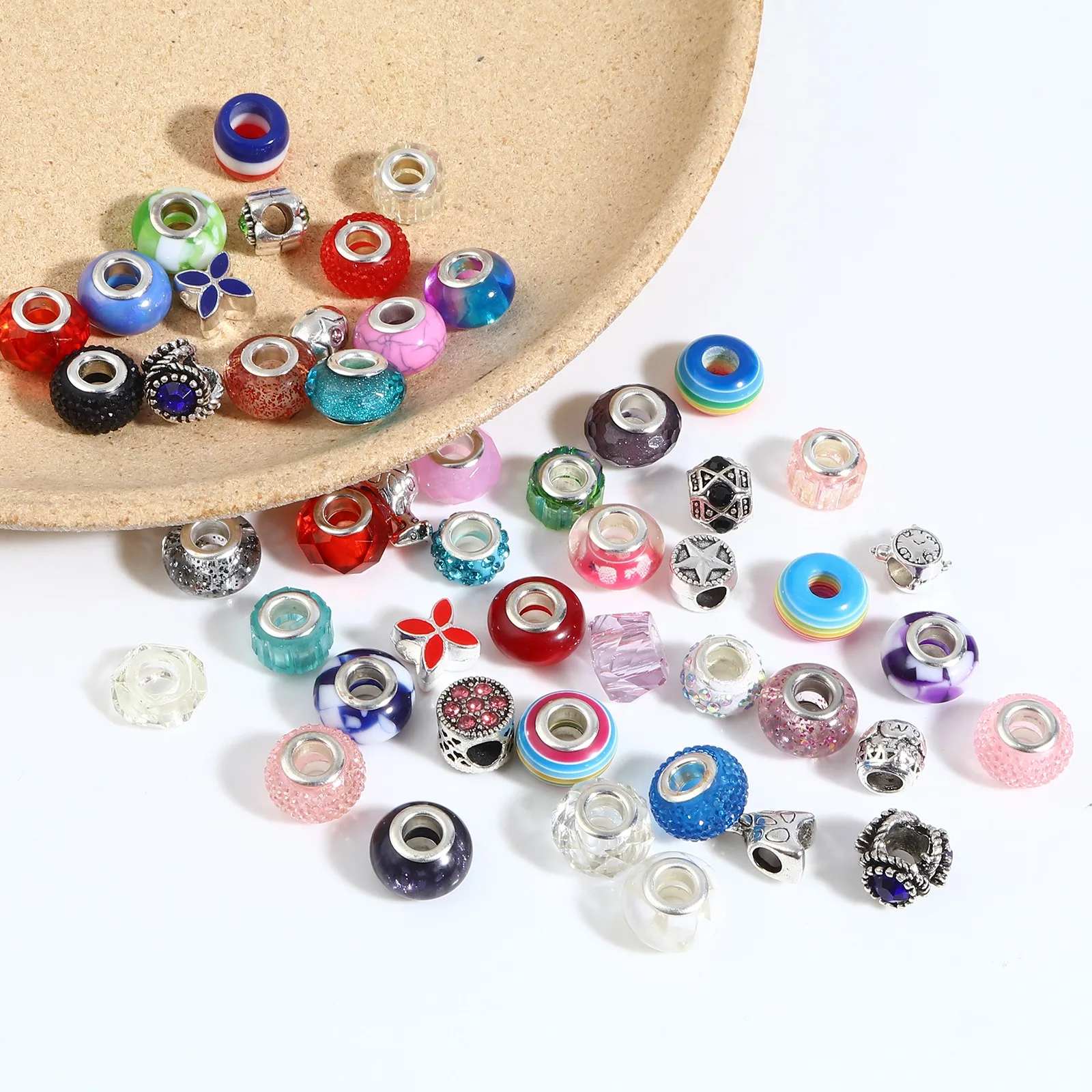 

Multicolor Acrylic Large Hole Charm Beads Silver Color Metal Beads Round At Random Loose Beads DIY Making Bracelets Jewelry,1Set