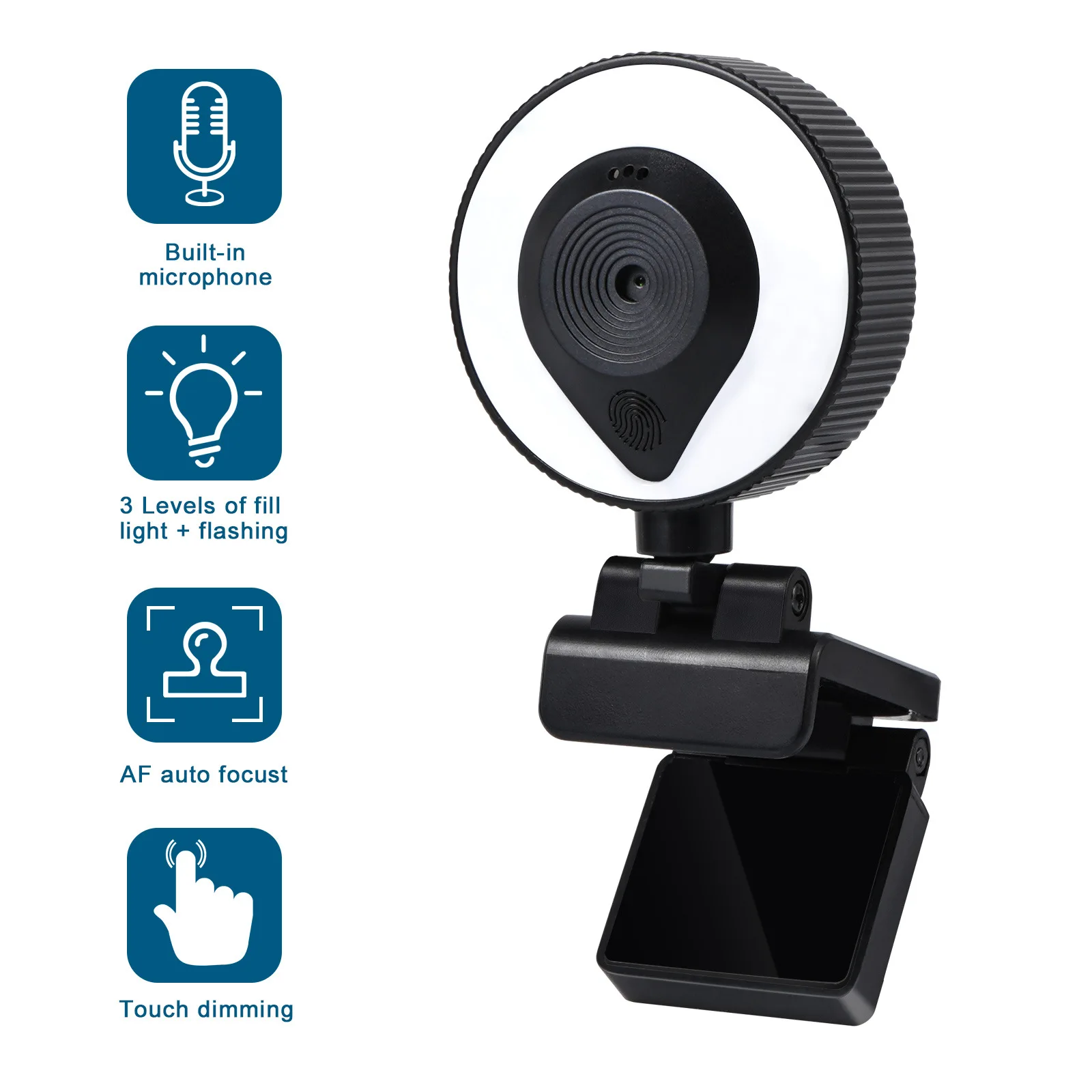 

Web Camera Auto Focus Ring Beautify Fill-in Lighting Video Webcam HD 1080P Live Broadcast Mic USB 3 Grades Touch Brightness