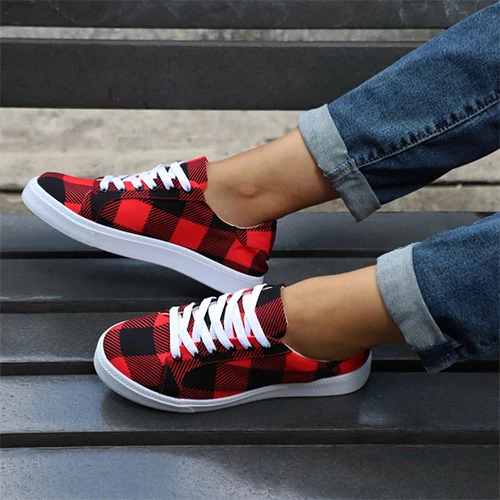 

Women's Flat Casual Vulcanized Shoes Women Classic Gingham Leopard Leisure Lace-Up Shoes Ladies Fashion Footwear Plus Size