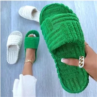 fall 2021 new green hair slippers women wear flat bottomed thick soled wool flip flops