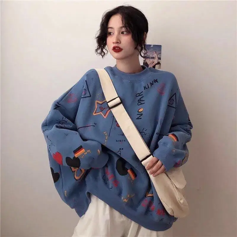 Woman Cartoon O-Neck Sweatshirt Spring and Autumn Casual Loose Hoodie Harajuku Korean Graffiti Printing Streetwear Pullover Tops