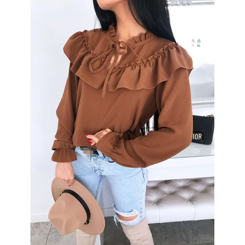 Женская шифоновая блузка с оборками однотонная Повседневная офисная бантом и