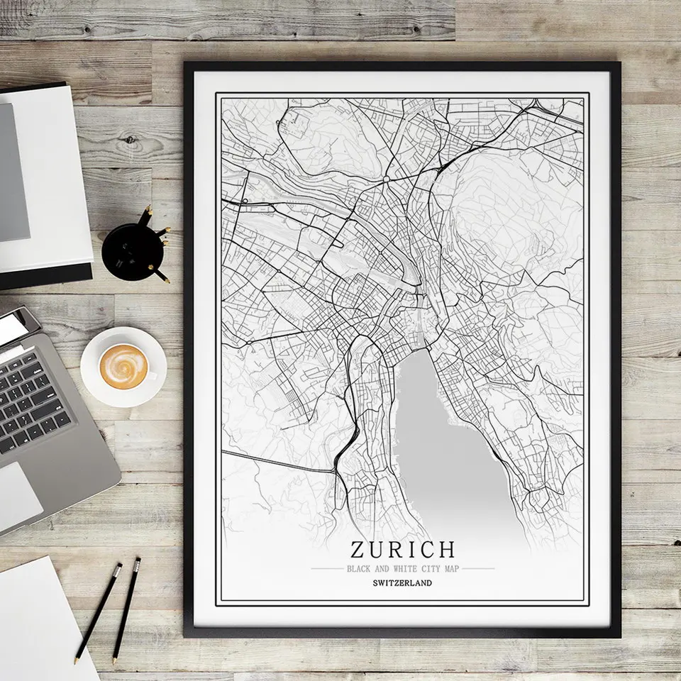 Switzerland Black White World City Map Poster Nordic Living Room Bern Lausanne Biel Wall Art Pictures Home Decor Canvas Painting | Дом и сад