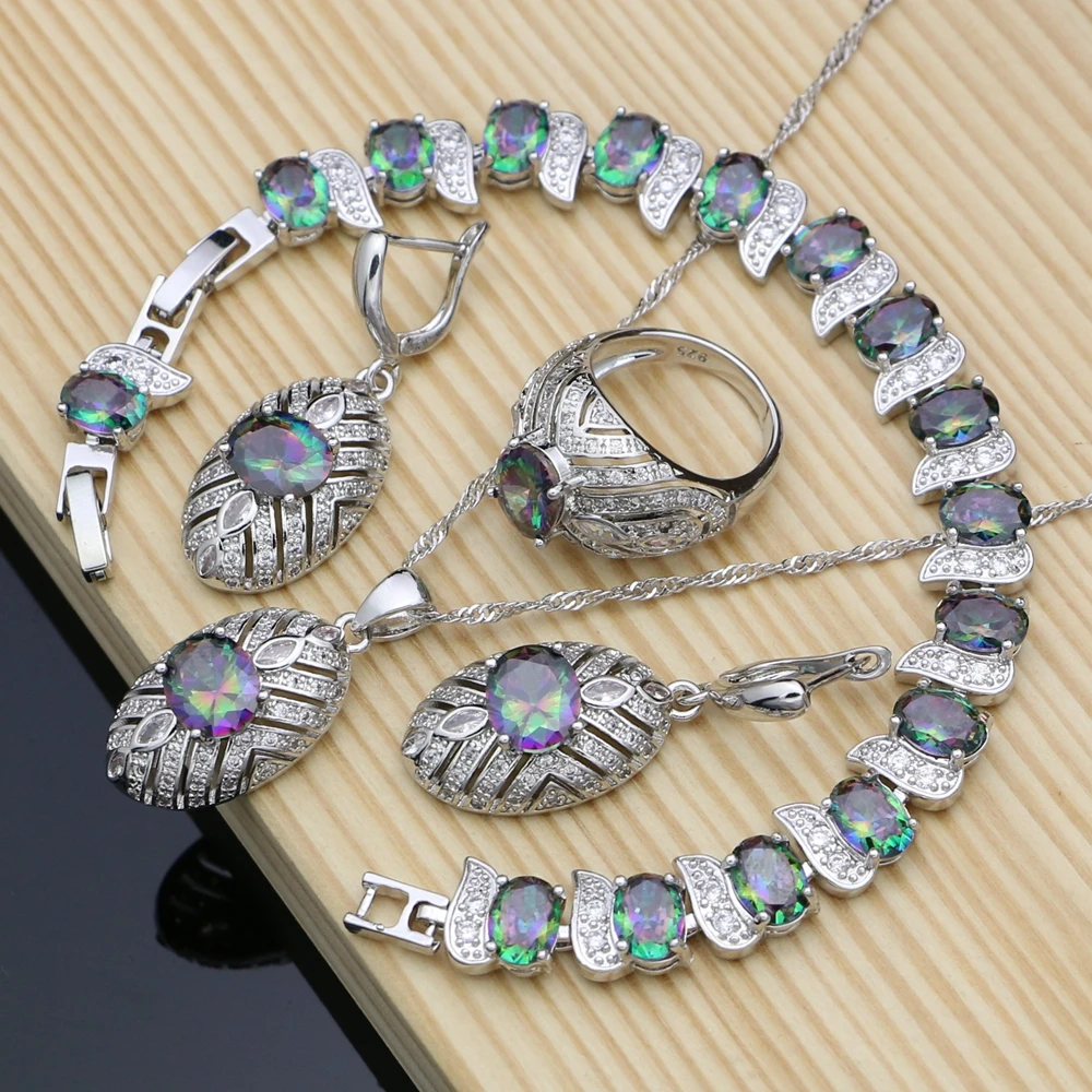 

925 Silver Jewelry Sets Mystic Rainbow Fire Cubic Zirconia Jewelry Kit For Women Earrings/Pendant/Rings/Bracelet/Necklace Sets