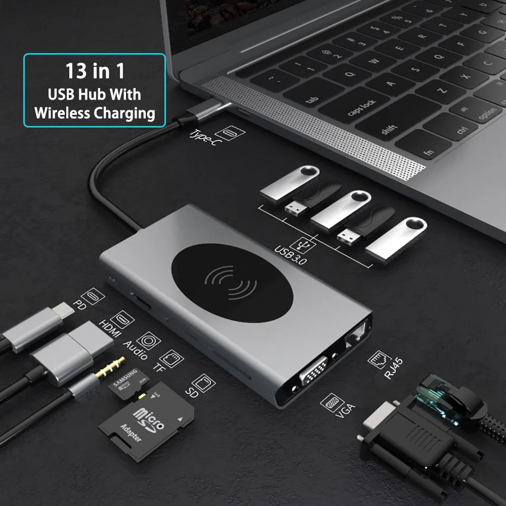 usb c hub 13 in 1 type c hubs with wireless charging 4k hdmi adapter usb3 0 sdtf card reader usb c power delivery 14 in 1 free global shipping