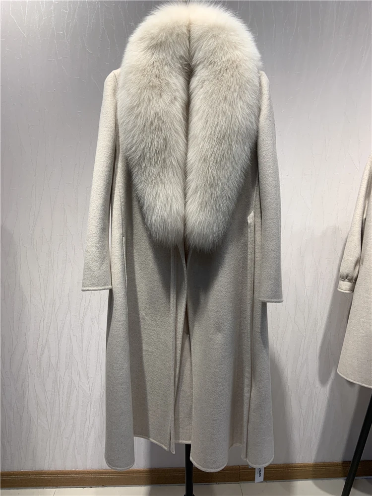 beige OFTBUY новое пальто с натуральным мехом, зимняя куртка для женщин, Воротник из натурального Лисьего меха, шерсть, тонкая Длинная Верхняя одежда с поясом, женская уличная одежда - Цвет: beige