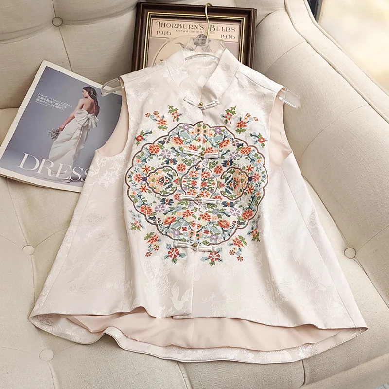Chinese Style Button Vest Top Women's Summer Retro Gorgeous Palace Embroidery Stand Collar Elegant Waistcoat S-XXL