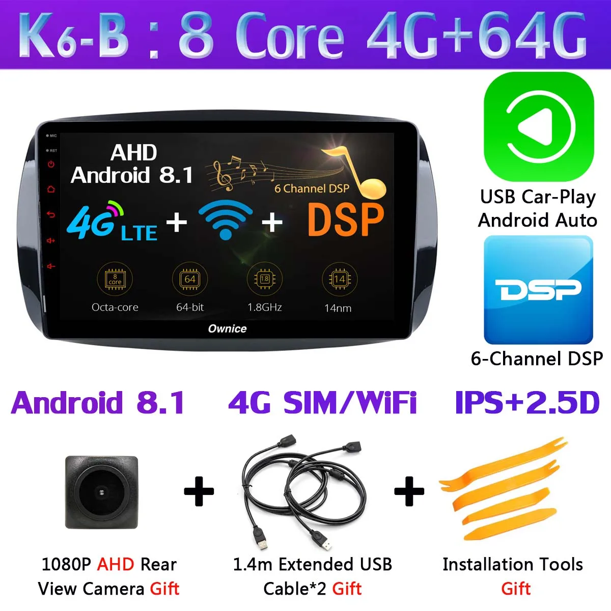 K6-B-CarPlay 360 ° камера 4G LTE Android 9,0 4G+ 64G SPDIF DSP CarPlay Автомобильный мультимедийный плеер для Mercedes Benz Smart Fortwo- gps радио - Цвет: K6-B-CarPlay