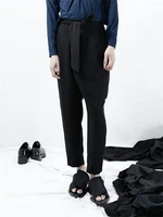spring and autumn new mens leisure personality elastic waist back pocket straight pants black tie loose wide leg pants